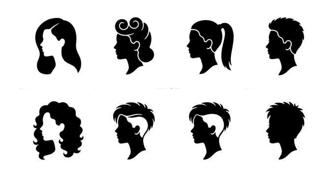Female hairstyle silhouettes, 8 woman hair profile icons, beauty salon vector set