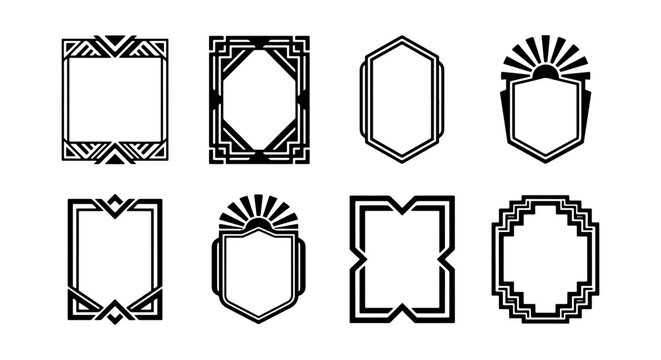 Art deco frames set, vintage geometric borders, 8 black linear vector labels