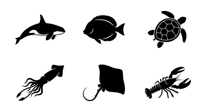 Marine animal silhouettes, 6 sea life icons, black aquatic creature vector set