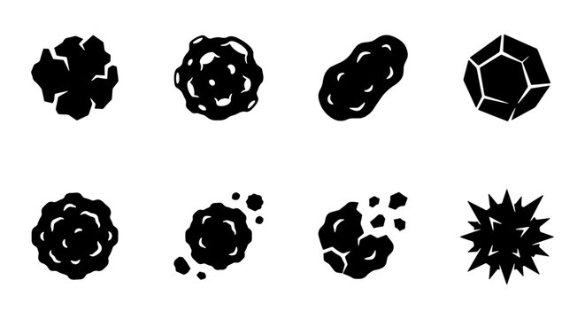 Black asteroid icons set, 8 space rock vector elements, cosmic meteor silhouettes