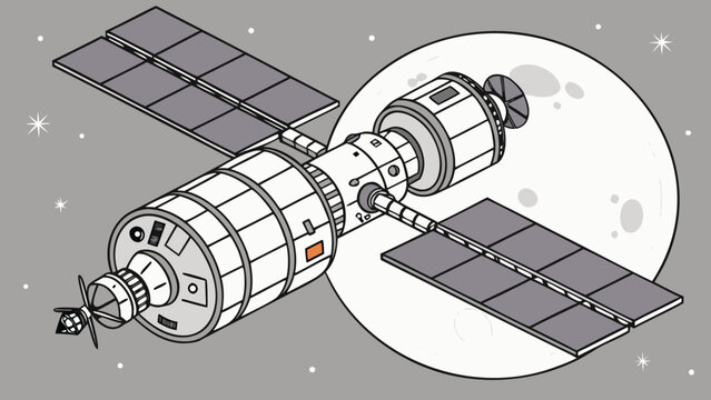 An illustration of a space station with a satellite