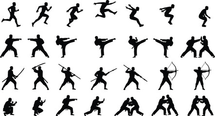 Big collection of black vector martial arts and action silhouettes including karate judo archery and parkour jumping isolated on white background for sports design © Sourav