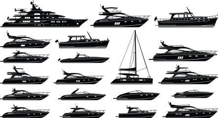 Big collection of detailed black and blue vector boat silhouettes including luxury mega yachts sailboats and speedboats isolated on white for marine graphic design © Sourav
