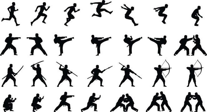Big collection of black vector martial arts and action silhouettes including karate judo archery and parkour jumping isolated on white background for sports design