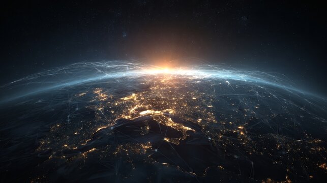 Breathtaking view of planet Earth from space at night with glowing city lights and sunrise on the horizon