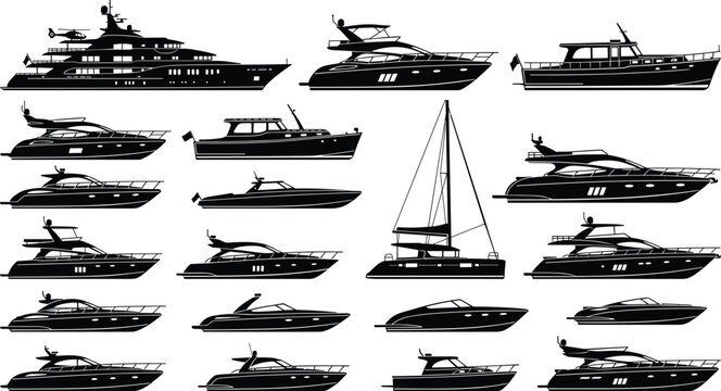 Big collection of detailed black and blue vector boat silhouettes including luxury mega yachts sailboats and speedboats isolated on white for marine graphic design
