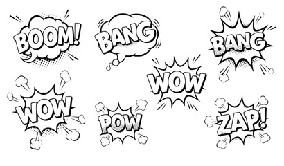 Comic sound effects pop art speech bubbles boom bang wow vector illustration isolated on white background © MD