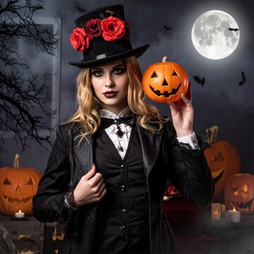 halloween witch with pumpkin