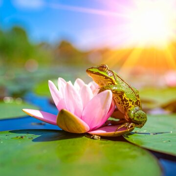 frog in the lake on a lotus flower

