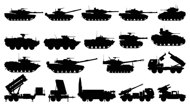 Black Silhouette Military Vehicles and Tanks on White Background Vector