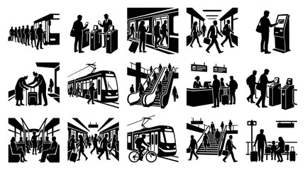 Fototapeta premium Black and White Vector Icons of Public Transportation and Commuters