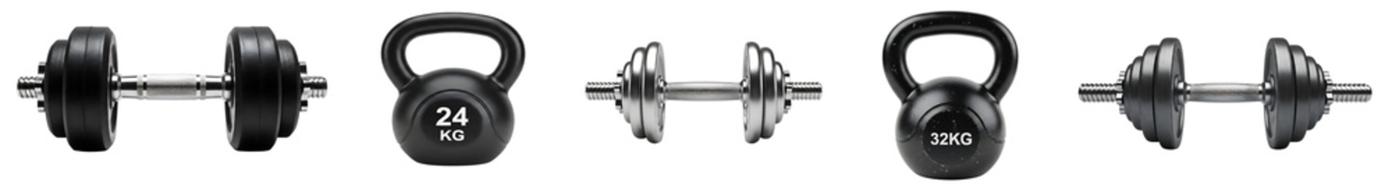 Assortment of dumbbells and kettlebells on white background
