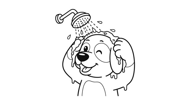A happy cartoon dog is getting a refreshing shower, with water pouring from a showerhead onto its head and body.