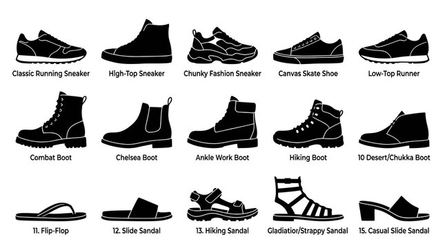 Black and white footwear infographic with various shoe types