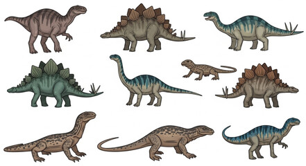 Collection of diverse dinosaur species illustration isolated on white background. © Abah