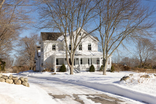 Winter house driveway front Luxury property morning 