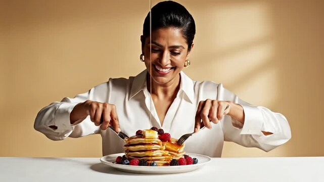 A woman enjoying a delicious stack of pancakes in a serene setting in this video