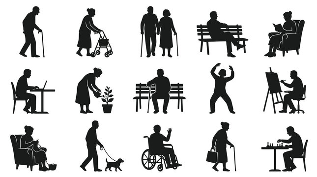 Elderly Lifestyle Silhouette Icons: Seniors in Daily Activities, Hobbies  Care