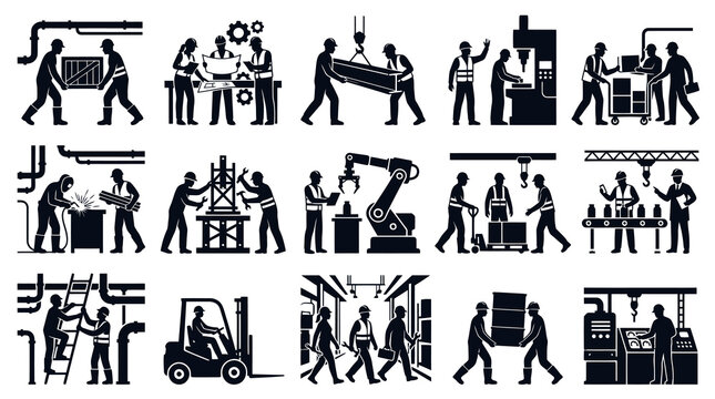 Industrial workers in a factory with machinery and tools, black and white glyphs