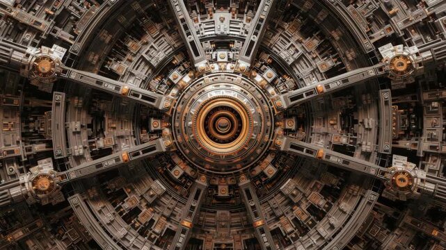Intricate futuristic metallic mechanical hub with concentric gears concentric rings and radial