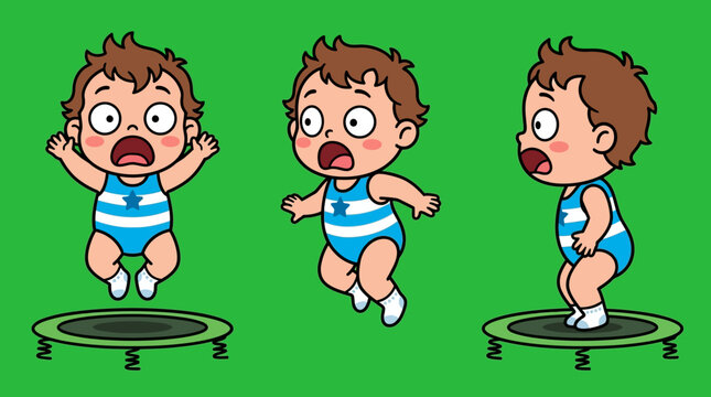 Adorable Cartoon Baby Bouncing Joyfully on a Small Trampoline.