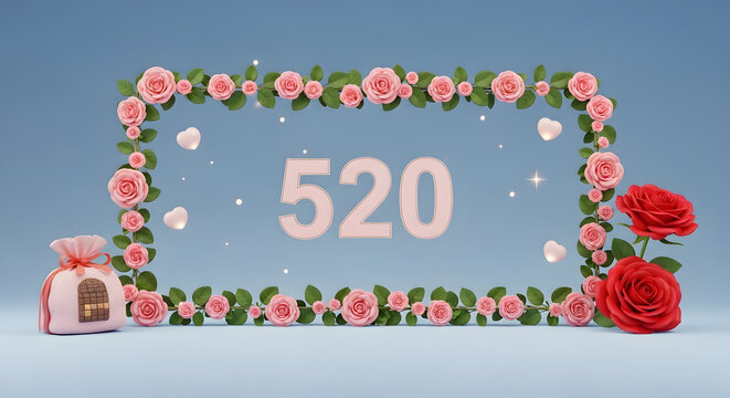 Elegant romantic 520 love background featuring a floral frame made of pink roses, floating hearts, and gift elements on a soft pastel blue backdrop.