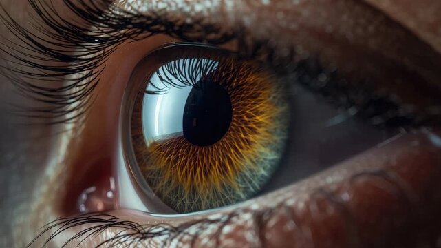 Gold brown iris closeup macro pupil eyelash detailed texture reflective highlight intimate close up