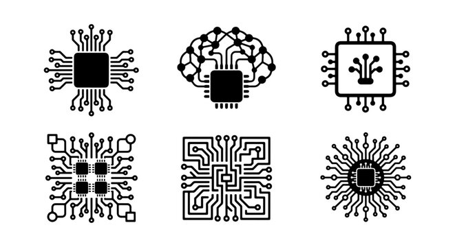 Electronic microchip circuit icons, 6 black CPU processor vectors, AI brain hardware
