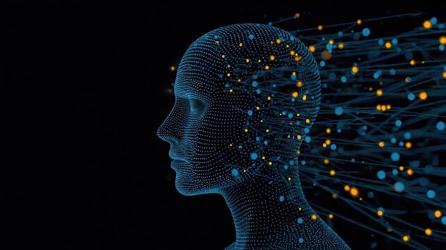Digital human profile of glowing blue data points and neural connections forming futuristic head