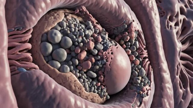 A close-up view of a human intestine filled with various sized stones and a large gallstone.