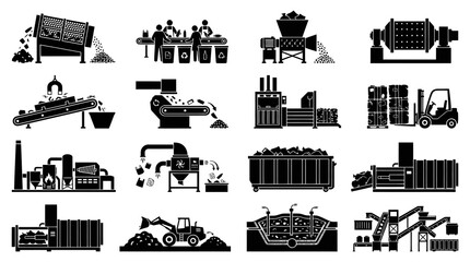Fototapeta premium Recycling Plant and Machinery Icons - Industrial Black and White Glyph
