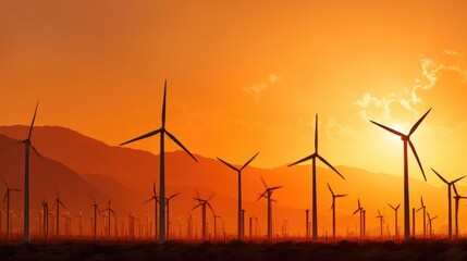Obraz premium Wind Turbines Against a Vibrant Sunset Over Mountain Landscape