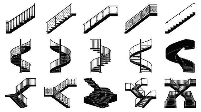 Black and White Icons of Various Staircase Designs, Architecture  Construction