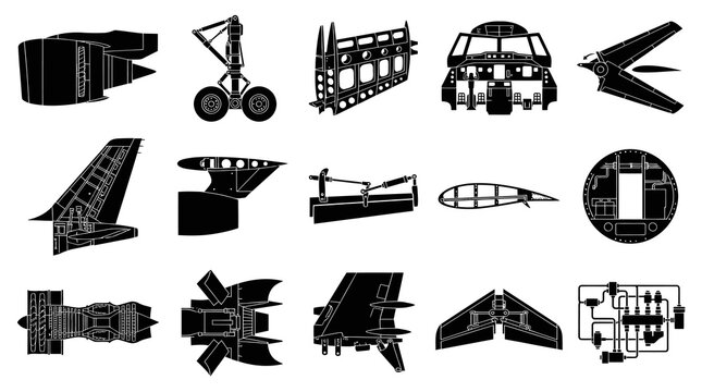 Aviation and Aerospace Engineering Glyph Set: Black  White Technical Illustrations of Aircraft Components