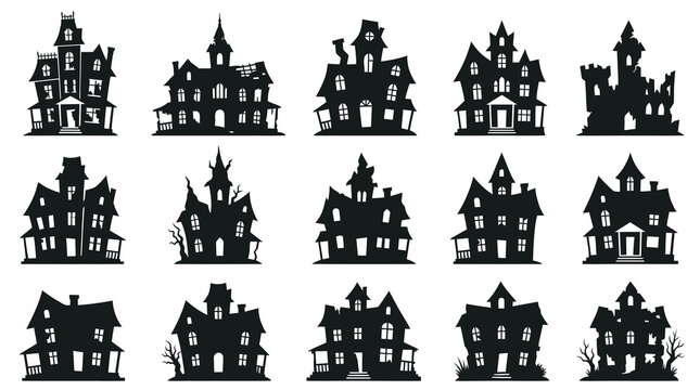 Halloween Haunted House Silhouettes Collection - Spooky Mansions  Creepy Castle Glyphs