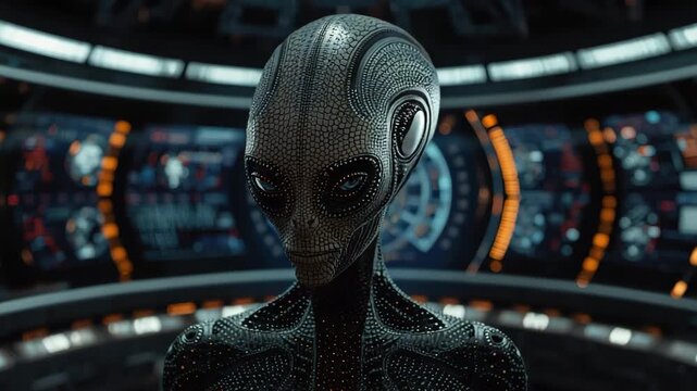 Futuristic alien humanoid with patterned skin and glowing eyes spaceship control room