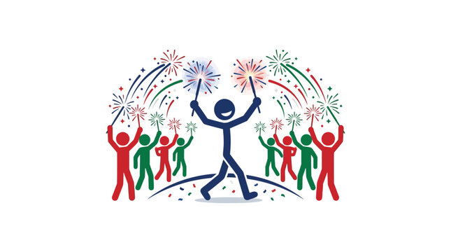 Joyful Stick Figures Celebrating with Fireworks and Sparklers.
