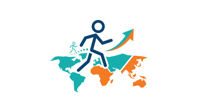 Abstract illustration of a person running towards success on the world map.