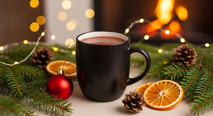 Fototapeta premium Cozy Christmas Scene with Hot Chocolate by a Fireplace and Festive Decorations