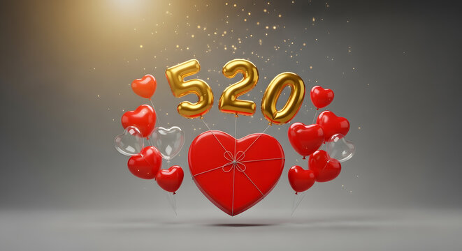 Vibrant 3D illustration of heart-shaped gift box with floating 520 balloons and romantic elements. Ideal for Valentine promotions, celebration visuals, advertising, and love-themed campaigns.