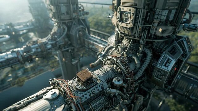 Futuristic industrial machinery pipe cable mechanical structure with elevated connector wiring