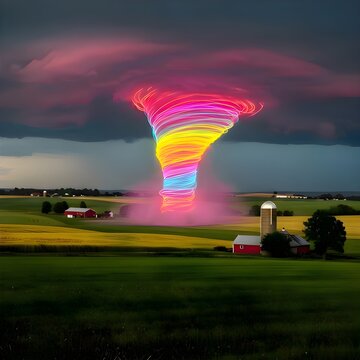 AI Illustration on a Photo half realistic other rainbow Neon Tornado a fantasy fun look on open landscape farm land with pink clouds a dramatic photo and unique