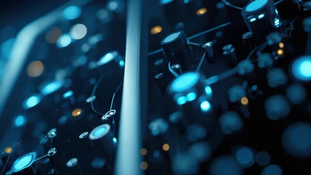 Futuristic electronic circuit board with glowing blue components and moody bokeh . Glowing blue