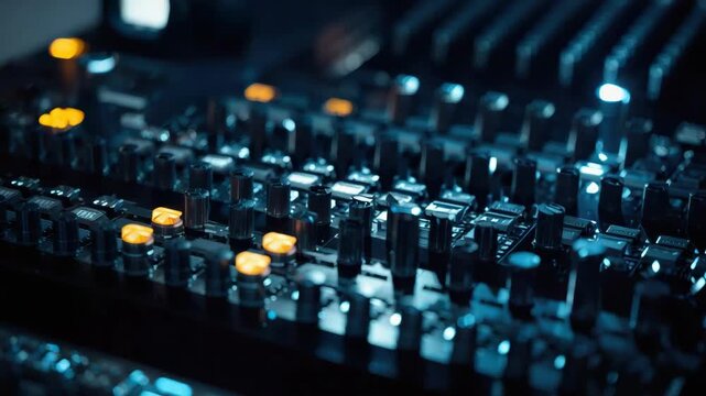 Mixing console audio board with illuminated knobs and fader in moody blue studio lighting