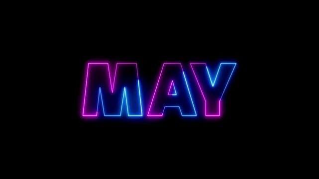 Neon May Text Animation with Glowing Blue and Pink Light. Futuristic Cyberpunk Style May Month Title for Calendar and Events