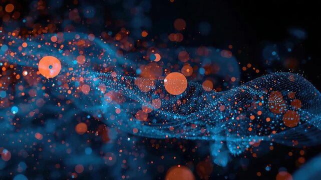 Glowing particle flow over blue digital mesh with abstract bokeh motion and depth