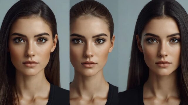 Elegant young woman portrait triptych close up with neutral expression and soft lighting
