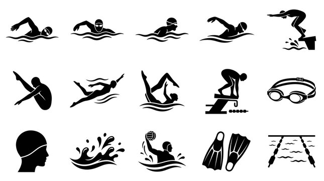 Swimming  Aquatic Sports Glyph Icons Set: Swimmers, Diving, Gear, Water Polo