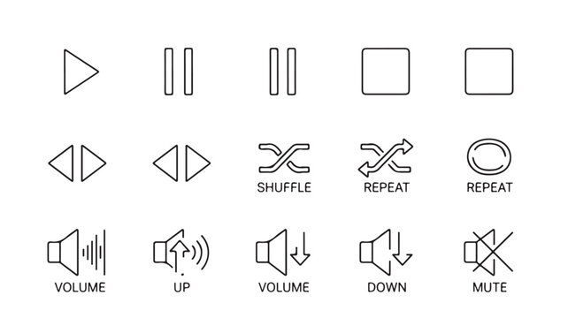 Black and white media player icons for audio and video control on a plain white background