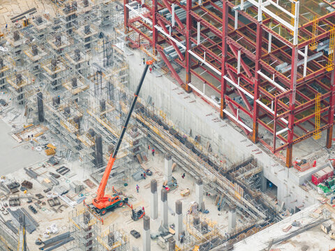 Aerial View of Industrial Construction Site Crane